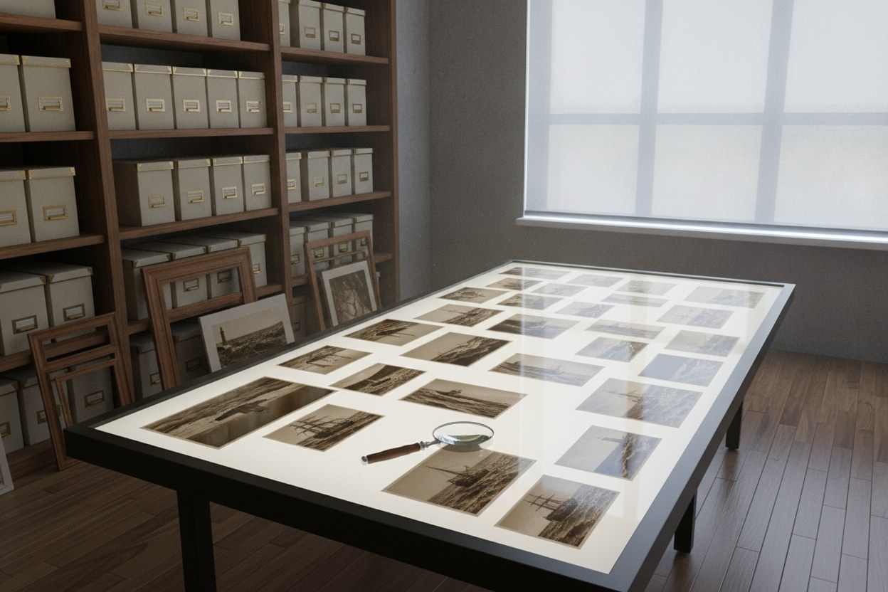 Tuzlu Arşiv atölyesinde ışık masasında dizilen fotoğraflar