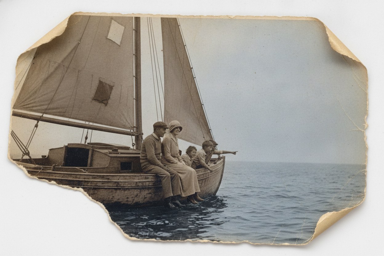 Teknede çekilmiş aile fotoğrafı kolaj parçası